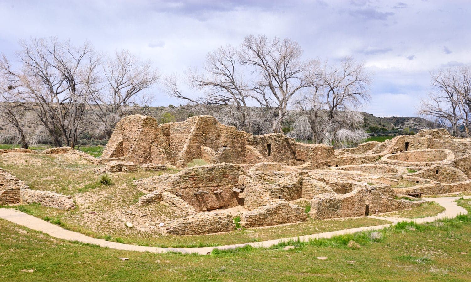 Ancient stone ruins surrounded by sparse trees and grassy landscape under a cloudy sky.