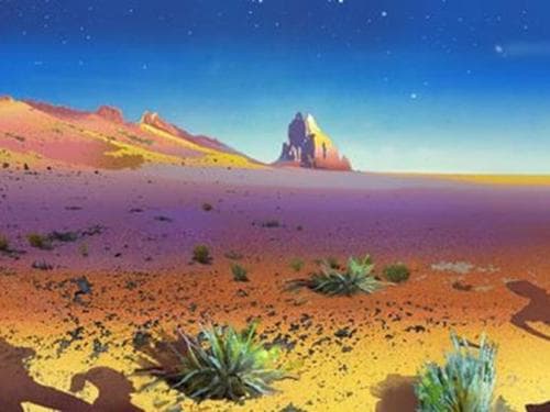 A colorful desert landscape with distant mountains under a starry sky.
